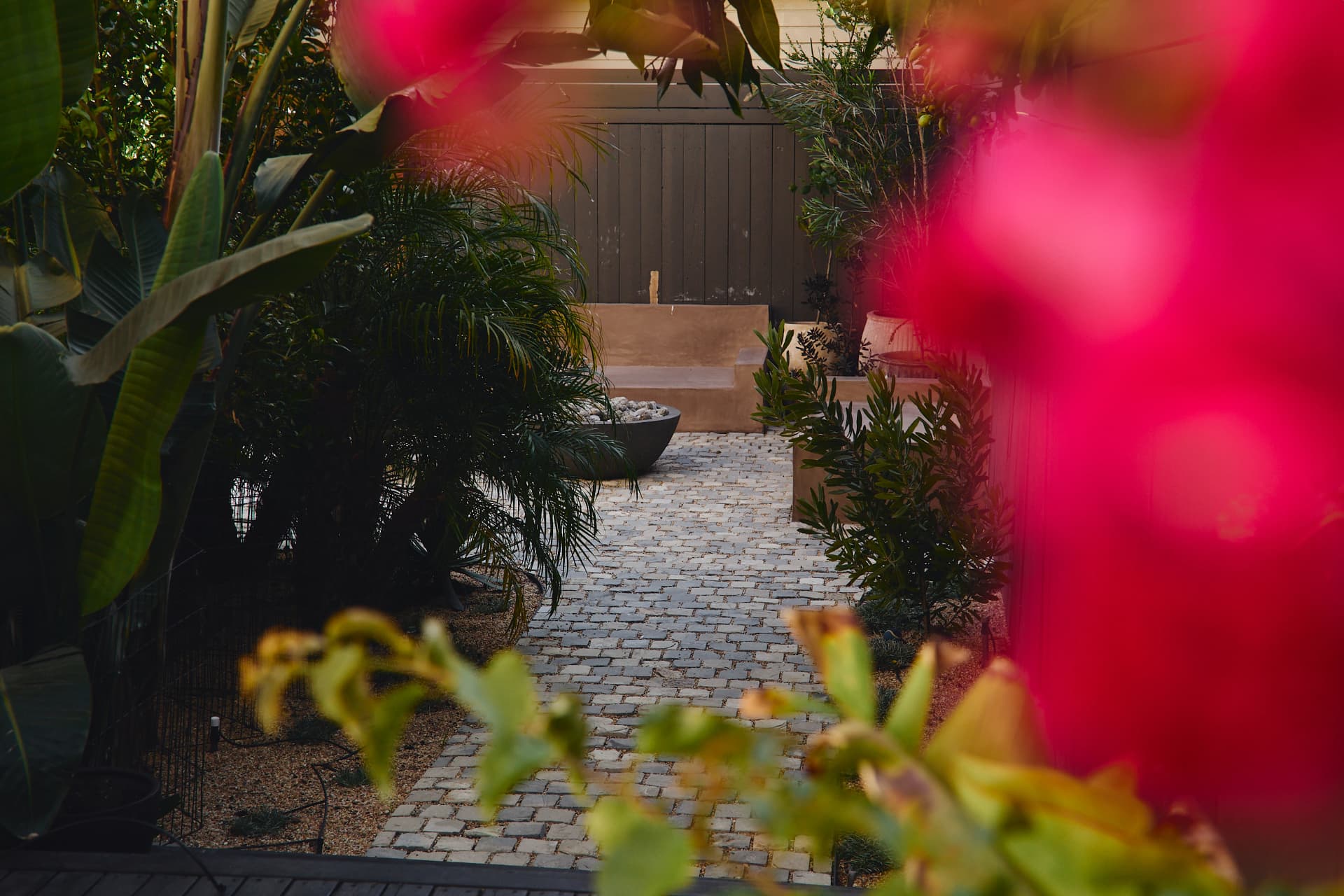 A cobblestone garden path framed by tropical greenery and bright pink flowers